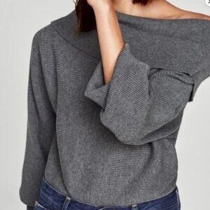 Zara Knit Off the Shoulder Grey Knit Sweater Size Medium